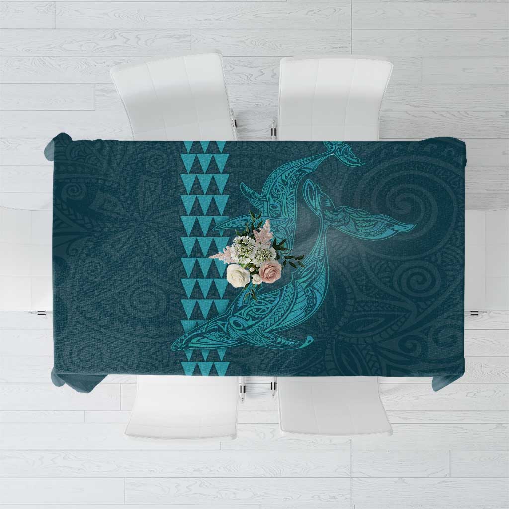 Aloha Hawaii Whale Kakau and Polynesian Tattoo Tablecloth Turquoise Color