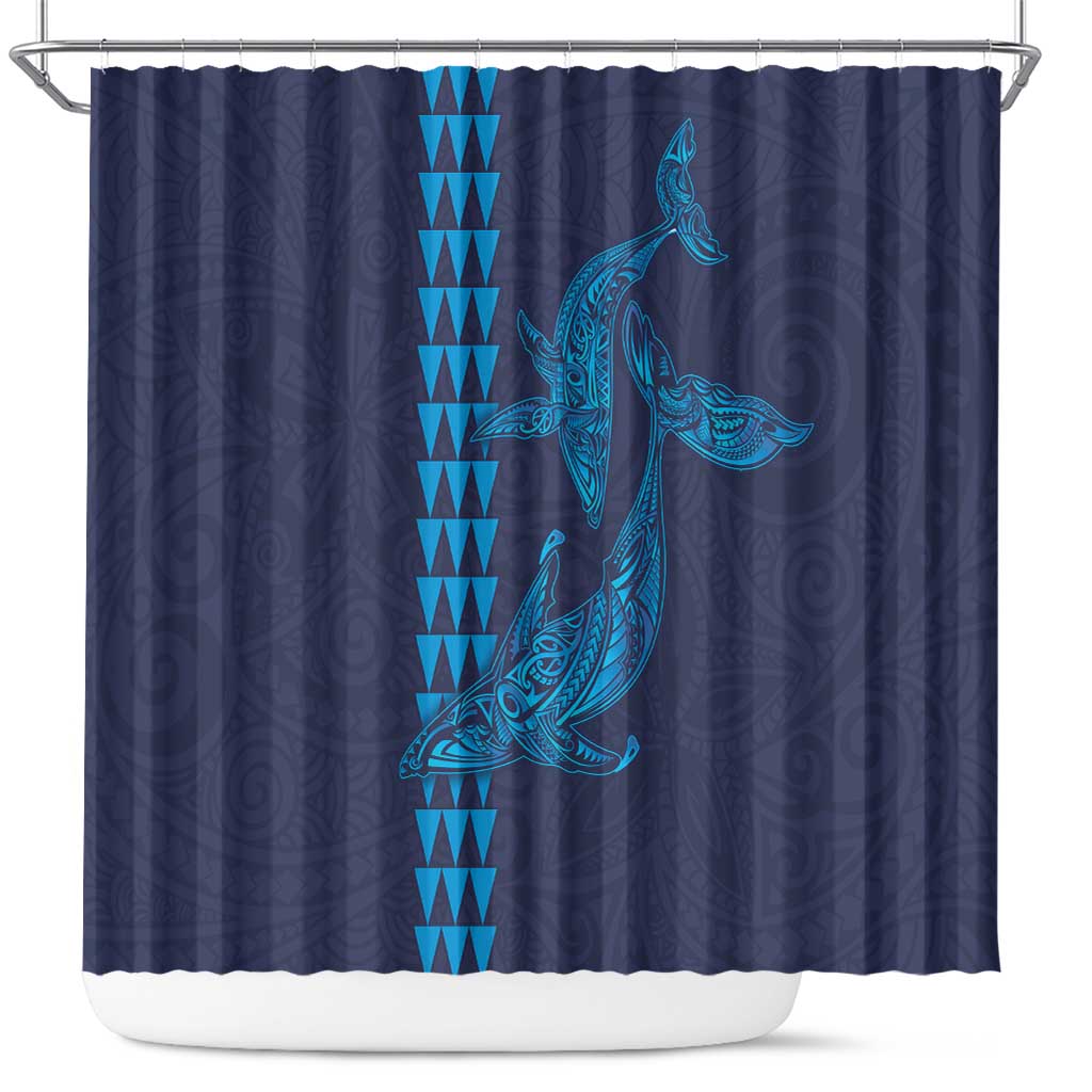 Aloha Hawaii Whale Kakau and Polynesian Tattoo Shower Curtain Dark Navy Color