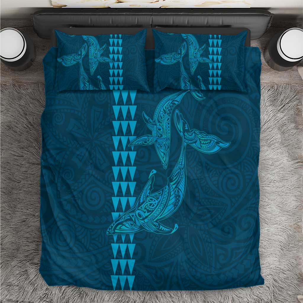 Aloha Hawaii Whale Kakau and Polynesian Tattoo Bedding Set Light Blue Color