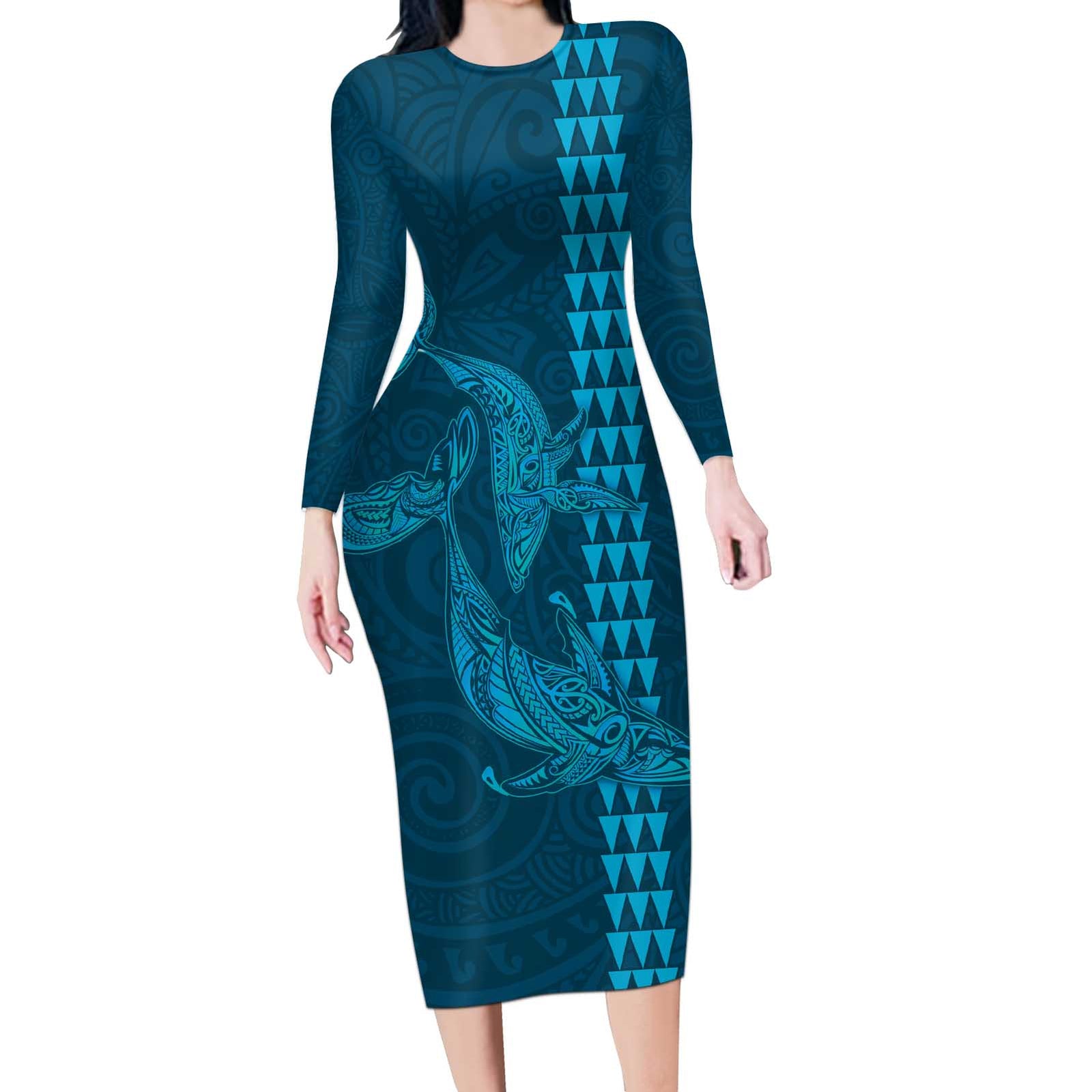 Aloha Hawaii Whale Kakau and Polynesian Tattoo Long Sleeve Bodycon Dress Light Blue Color LT03 Long Dress Light Blue - Polynesian Pride