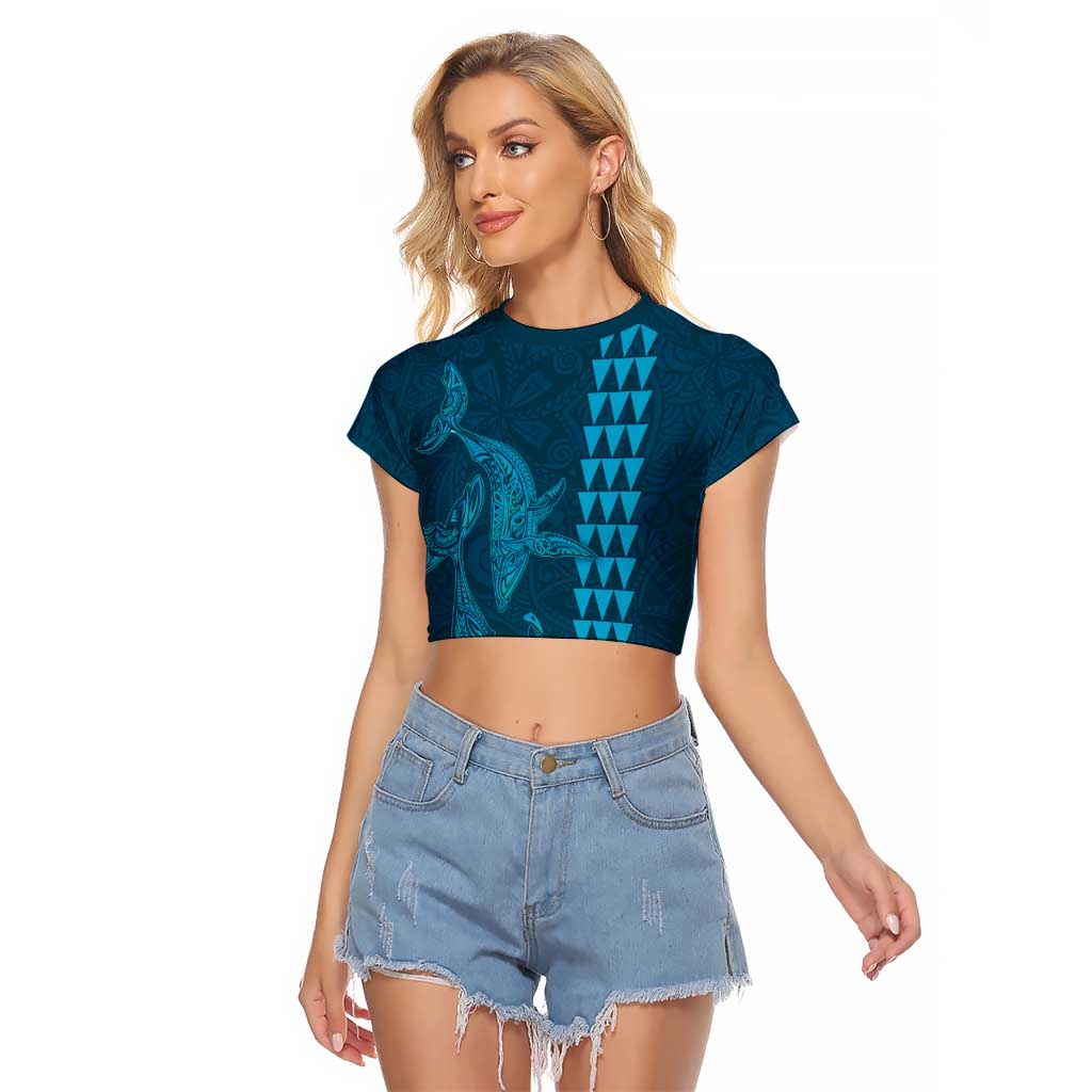 Aloha Hawaii Whale Kakau and Polynesian Tattoo Raglan Cropped T Shirt Light Blue Color LT03 Female Light Blue - Polynesian Pride