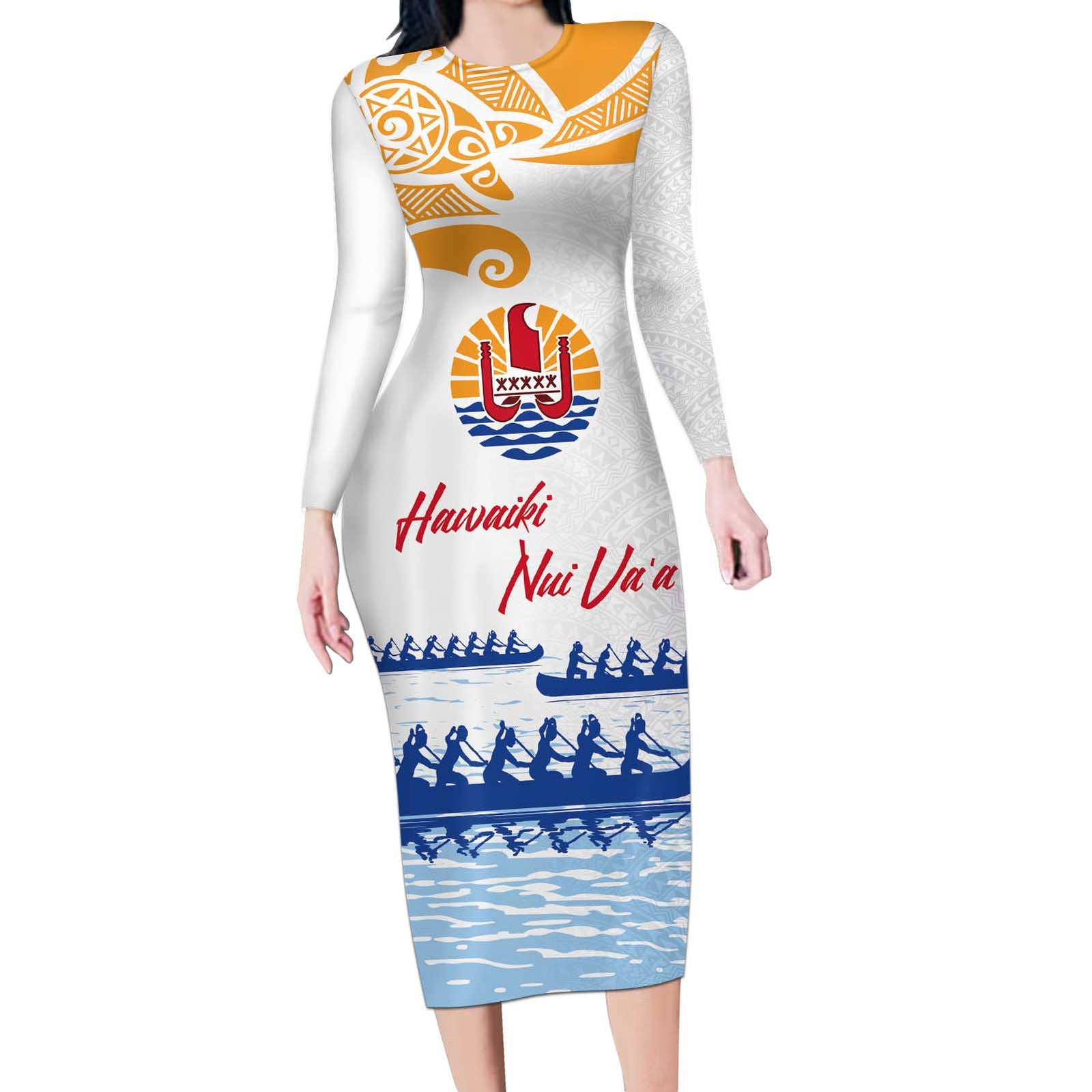 Personalised Hawaiki Nui Va'a French Polynesian Pattern Long Sleeve Bodycon Dress White Color LT03 Long Dress White - Polynesian Pride