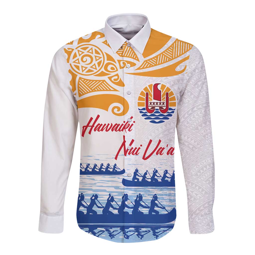 Personalised Hawaiki Nui Va'a French Polynesian Pattern Long Sleeve Button Shirt White Color LT03 Unisex White - Polynesian Pride