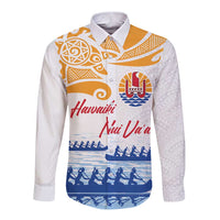 Personalised Hawaiki Nui Va'a French Polynesian Pattern Long Sleeve Button Shirt White Color LT03 Unisex White - Polynesian Pride