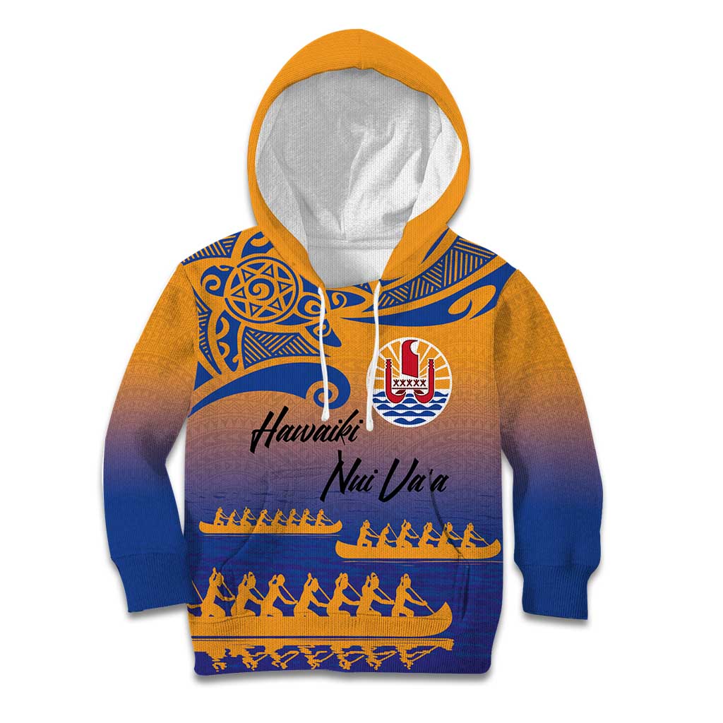 Personalised Hawaiki Nui Va'a French Polynesian Pattern Kid Hoodie Sunset Color LT03 Hoodie Yellow - Polynesian Pride