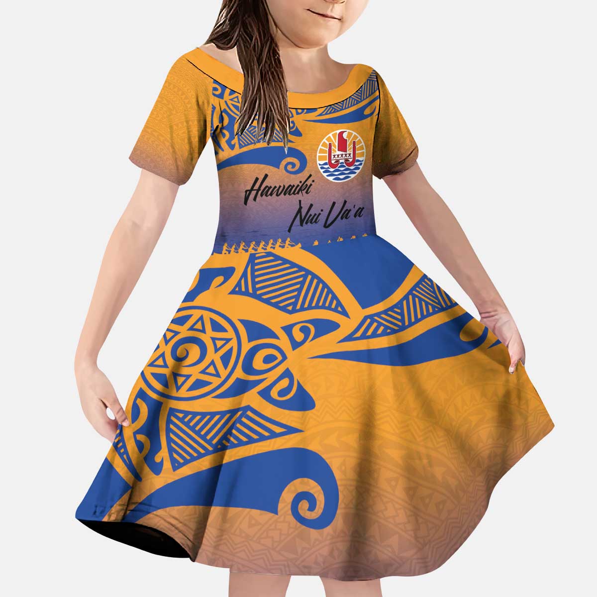 Personalised Hawaiki Nui Va'a French Polynesian Pattern Kid Short Sleeve Dress Sunset Color LT03 KID Yellow - Polynesian Pride
