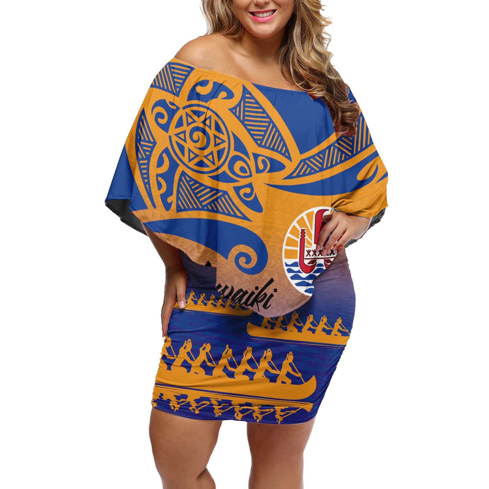 Personalised Hawaiki Nui Va'a French Polynesian Pattern Off Shoulder Short Dress Sunset Color LT03 Women Yellow - Polynesian Pride