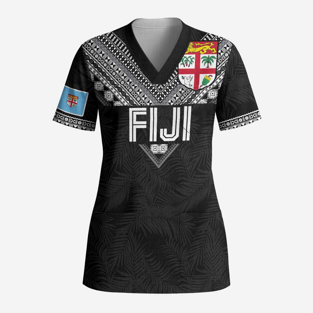 Custom Rugby Fiji Scrub Top Fijian Masi Tribal Sporty Style Black Color LT03 Adult Black - Polynesian Pride