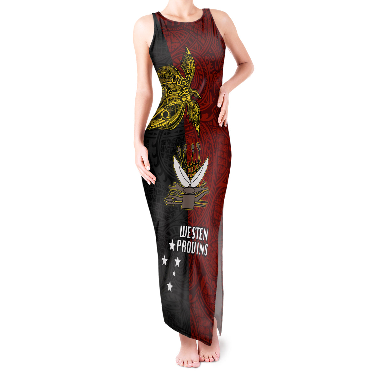 Papua New Guinea Western Province Tank Maxi Dress PNG Birds Of Paradise Polynesian Arty Style LT03 Women Red - Polynesian Pride