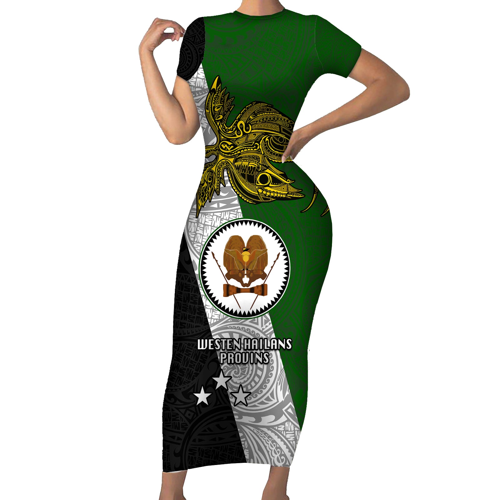 Papua New Guinea Western Highlands Province Short Sleeve Bodycon Dress PNG Birds Of Paradise Polynesian Arty Style LT03 Long Dress Green - Polynesian Pride