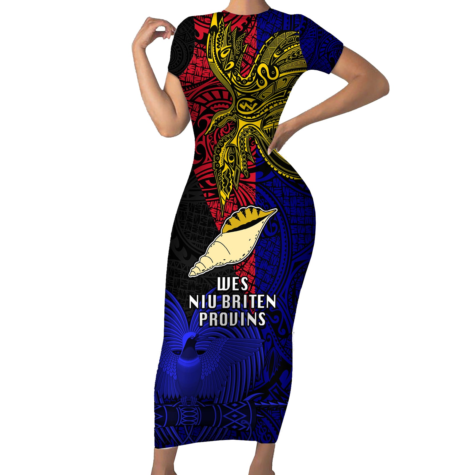 Papua New Guinea West New Britain Province Short Sleeve Bodycon Dress PNG Birds Of Paradise Polynesian Arty Style LT03 Long Dress Blue - Polynesian Pride