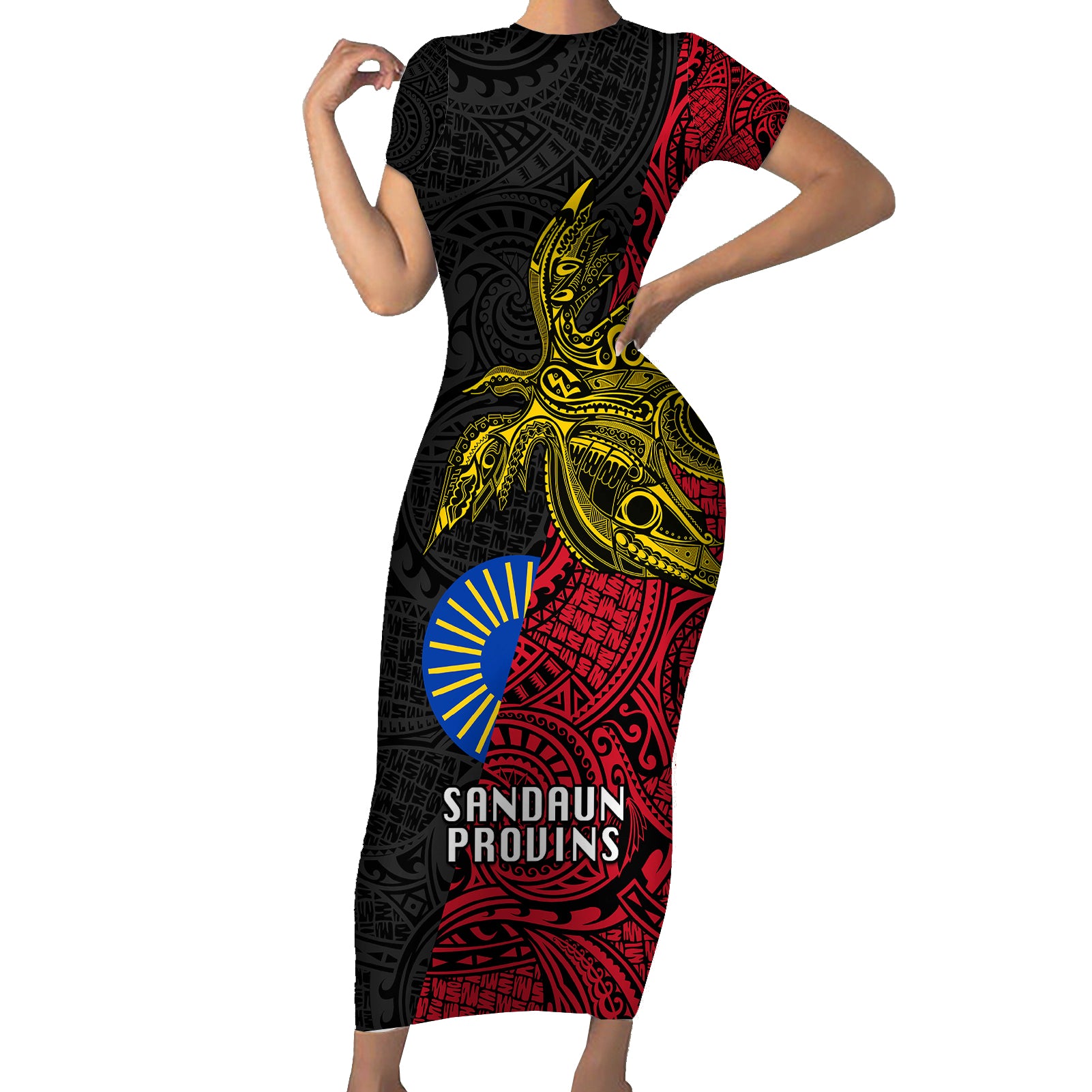 Papua New Guinea Sandaun Province Short Sleeve Bodycon Dress PNG Birds Of Paradise Polynesian Arty Style LT03 Long Dress Red - Polynesian Pride