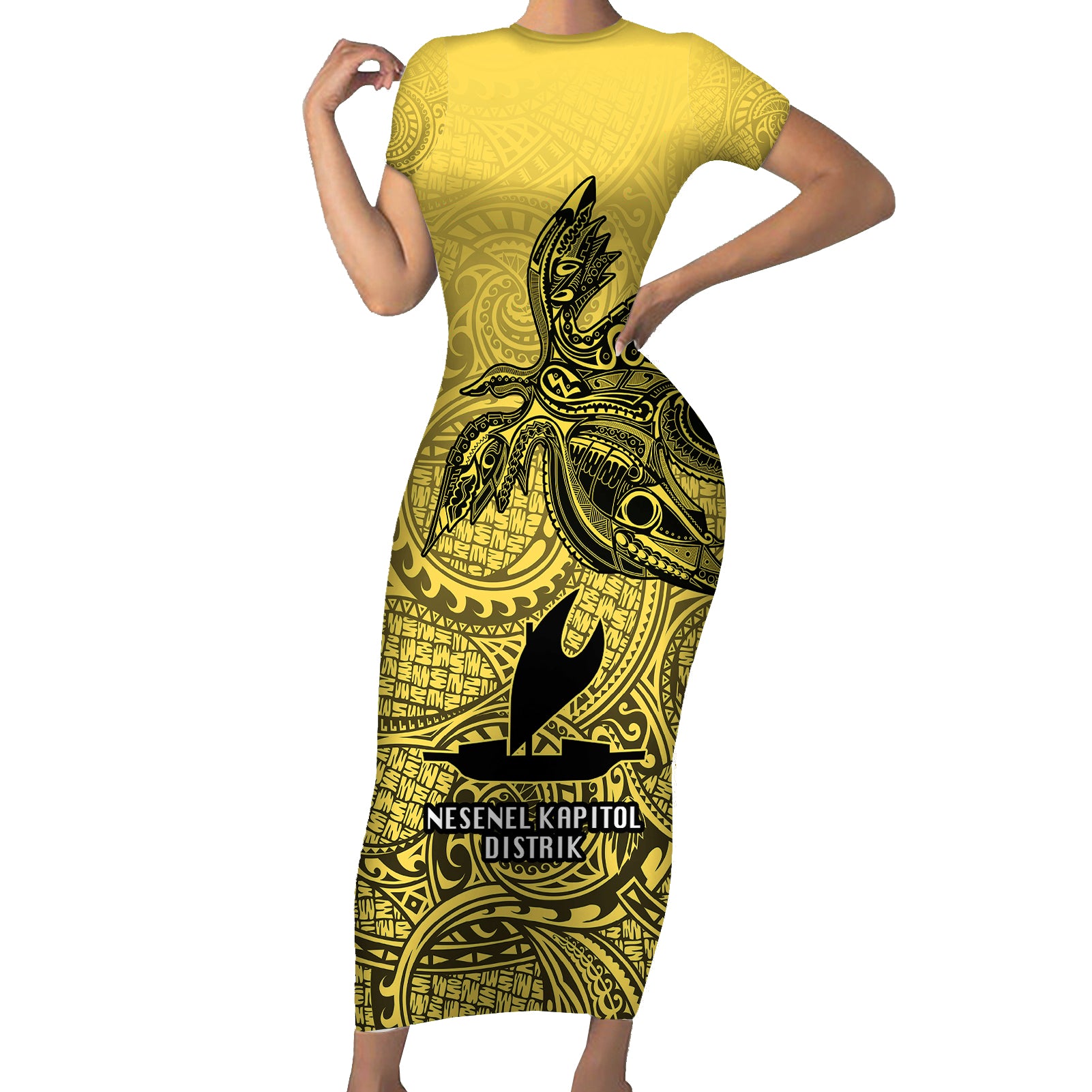 Papua New Guinea National Capital District Short Sleeve Bodycon Dress PNG Birds Of Paradise Polynesian Arty Style LT03 Long Dress Yellow - Polynesian Pride