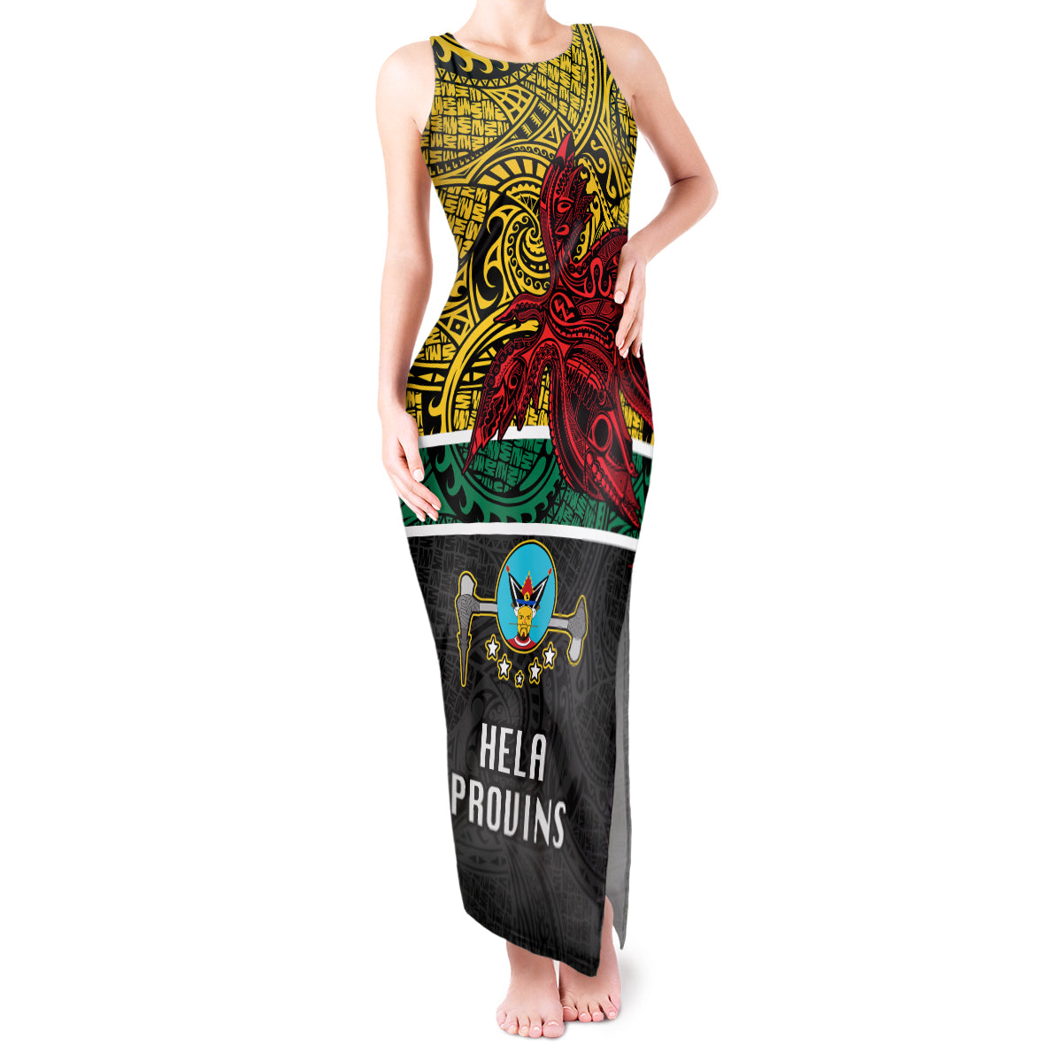 Papua New Guinea Hela Province Tank Maxi Dress PNG Birds Of Paradise Polynesian Arty Style LT03 Women Yellow - Polynesian Pride