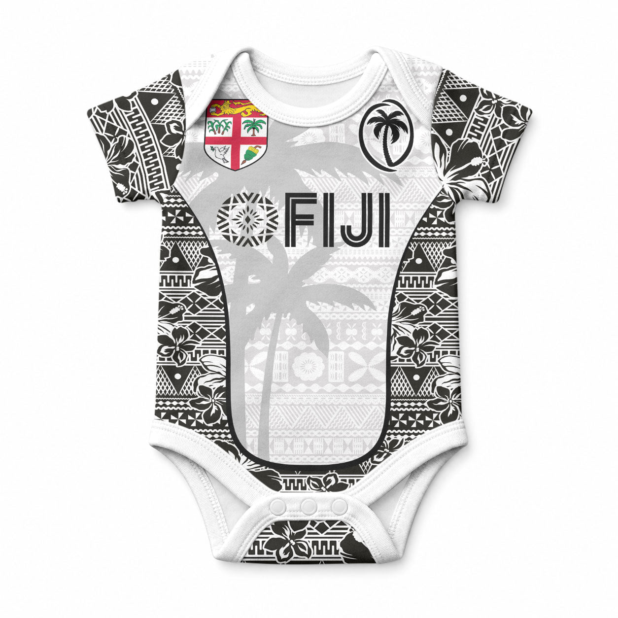 Custom Fiji Pacific Rugby 2024 Baby Onesie Tapa Tribal and Fijian Masi Pattern LT03 White - Polynesian Pride