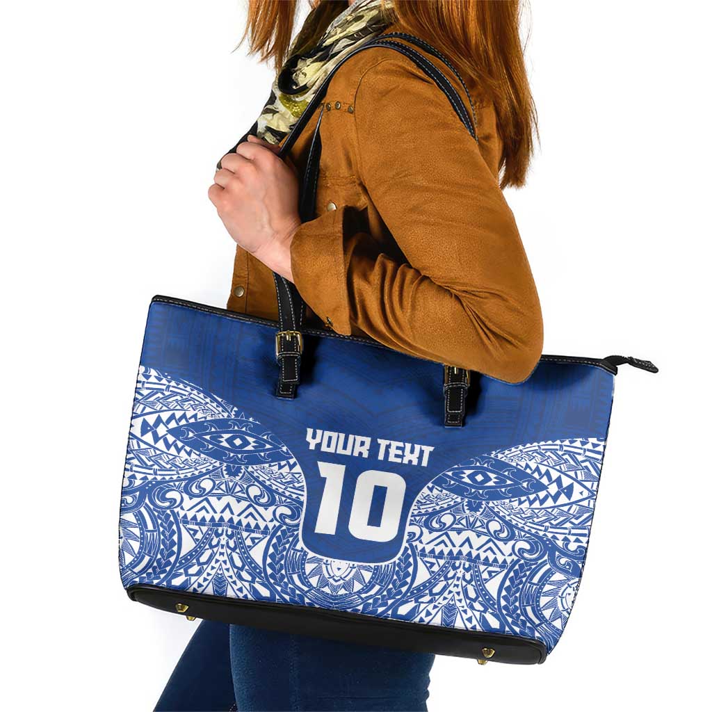 Custom Samoa Pacific Rugby 2024 Leather Tote Bag Polynesian Pacific Tribal Pattern LT03 Blue - Polynesian Pride