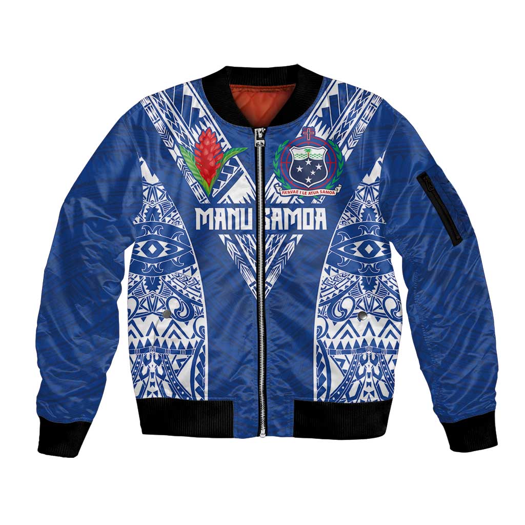 Custom Samoa Pacific Rugby 2024 Sleeve Zip Bomber Jacket Polynesian Pacific Tribal Pattern LT03 Unisex Blue - Polynesian Pride