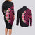 Hawaiian Tropical Plumeria Art Polynesian Tattoo Couples Matching Long Sleeve Bodycon Dress and Long Sleeve Button Shirt Black and Bright Pink Color