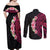 Hawaiian Tropical Plumeria Art Polynesian Tattoo Couples Matching Off Shoulder Maxi Dress and Long Sleeve Button Shirt Black and Bright Pink Color