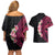 Hawaiian Tropical Plumeria Art Polynesian Tattoo Couples Matching Off Shoulder Short Dress and Hawaiian Shirt Black and Bright Pink Color