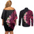 Hawaiian Tropical Plumeria Art Polynesian Tattoo Couples Matching Off Shoulder Short Dress and Long Sleeve Button Shirt Black and Bright Pink Color