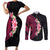 Hawaiian Tropical Plumeria Art Polynesian Tattoo Couples Matching Short Sleeve Bodycon Dress and Long Sleeve Button Shirt Black and Bright Pink Color