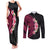 Hawaiian Tropical Plumeria Art Polynesian Tattoo Couples Matching Tank Maxi Dress and Long Sleeve Button Shirt Black and Bright Pink Color