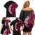 Hawaiian Tropical Plumeria Art Polynesian Tattoo Family Matching Off Shoulder Short Dress and Hawaiian Shirt Black and Bright Pink Color