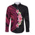 Hawaiian Tropical Plumeria Art Polynesian Tattoo Long Sleeve Button Shirt Black and Bright Pink Color