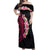 Hawaiian Tropical Plumeria Art Polynesian Tattoo Off Shoulder Maxi Dress Black and Bright Pink Color