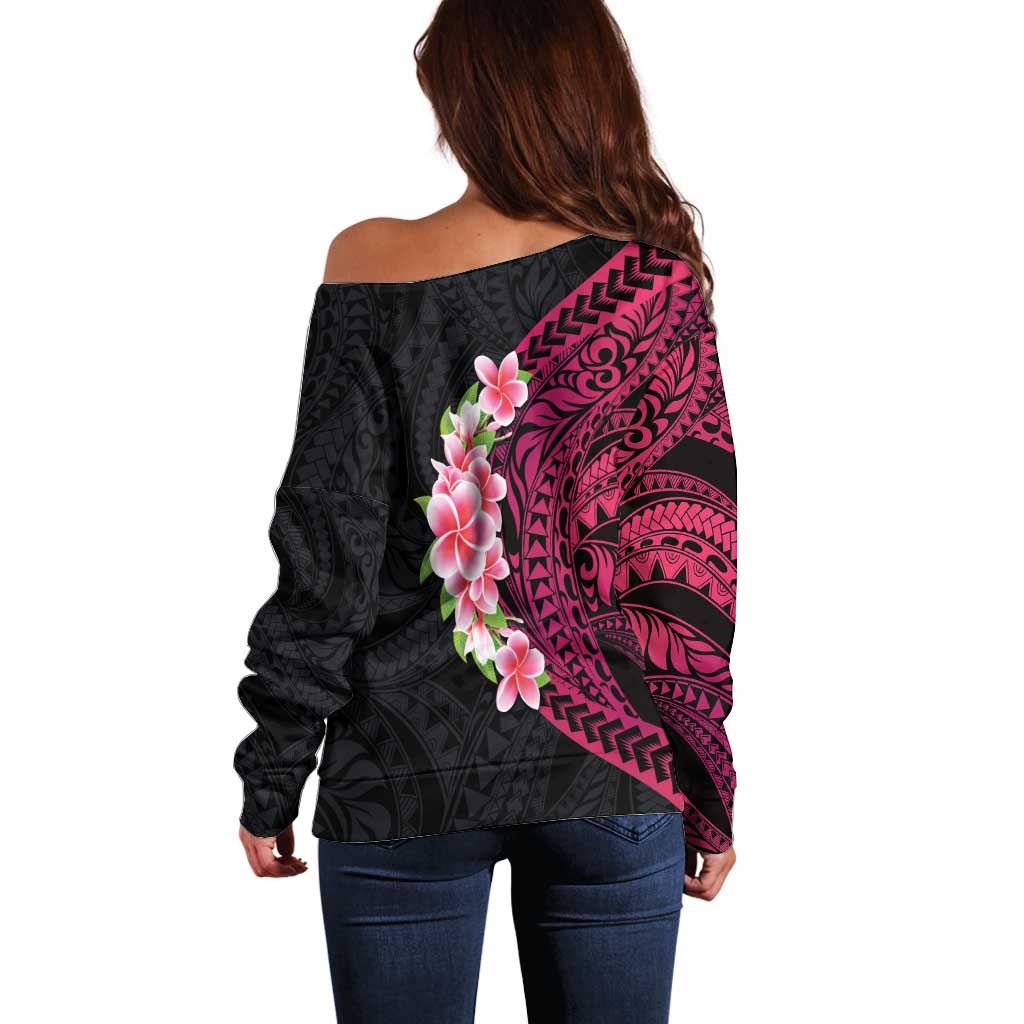 Hawaiian Tropical Plumeria Art Polynesian Tattoo Off Shoulder Sweater Black and Bright Pink Color LT03 - Polynesian Pride