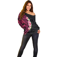 Hawaiian Tropical Plumeria Art Polynesian Tattoo Off Shoulder Sweater Black and Bright Pink Color LT03 - Polynesian Pride