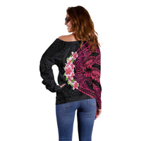 Hawaiian Tropical Plumeria Art Polynesian Tattoo Off Shoulder Sweater Black and Bright Pink Color LT03 - Polynesian Pride