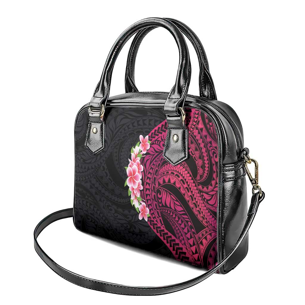 Hawaiian Tropical Plumeria Art Polynesian Tattoo Shoulder Handbag Black and Bright Pink Color LT03 - Polynesian Pride