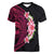 Hawaiian Tropical Plumeria Art Polynesian Tattoo Women V-Neck T-Shirt Black and Bright Pink Color