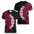 Hawaiian Tropical Plumeria Art Polynesian Tattoo Women V-Neck T-Shirt Black and Bright Pink Color