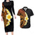 Hawaiian Tropical Plumeria Art Polynesian Tattoo Couples Matching Long Sleeve Bodycon Dress and Hawaiian Shirt Black and Autumn Color Theme