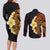 Hawaiian Tropical Plumeria Art Polynesian Tattoo Couples Matching Long Sleeve Bodycon Dress and Long Sleeve Button Shirt Black and Autumn Color Theme