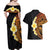 Hawaiian Tropical Plumeria Art Polynesian Tattoo Couples Matching Off Shoulder Maxi Dress and Hawaiian Shirt Black and Autumn Color Theme