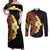 Hawaiian Tropical Plumeria Art Polynesian Tattoo Couples Matching Off Shoulder Maxi Dress and Long Sleeve Button Shirt Black and Autumn Color Theme