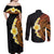 Hawaiian Tropical Plumeria Art Polynesian Tattoo Couples Matching Off Shoulder Maxi Dress and Long Sleeve Button Shirt Black and Autumn Color Theme