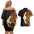 Hawaiian Tropical Plumeria Art Polynesian Tattoo Couples Matching Off Shoulder Short Dress and Hawaiian Shirt Black and Autumn Color Theme