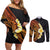 Hawaiian Tropical Plumeria Art Polynesian Tattoo Couples Matching Off Shoulder Short Dress and Long Sleeve Button Shirt Black and Autumn Color Theme