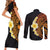 Hawaiian Tropical Plumeria Art Polynesian Tattoo Couples Matching Short Sleeve Bodycon Dress and Long Sleeve Button Shirt Black and Autumn Color Theme