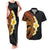 Hawaiian Tropical Plumeria Art Polynesian Tattoo Couples Matching Tank Maxi Dress and Hawaiian Shirt Black and Autumn Color Theme