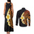 Hawaiian Tropical Plumeria Art Polynesian Tattoo Couples Matching Tank Maxi Dress and Long Sleeve Button Shirt Black and Autumn Color Theme