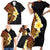 Hawaiian Tropical Plumeria Art Polynesian Tattoo Family Matching Short Sleeve Bodycon Dress and Hawaiian Shirt Black and Autumn Color Theme