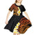 Hawaiian Tropical Plumeria Art Polynesian Tattoo Kid Short Sleeve Dress Black and Autumn Color Theme