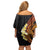 Hawaiian Tropical Plumeria Art Polynesian Tattoo Off Shoulder Short Dress Black and Autumn Color Theme