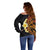 Hawaiian Tropical Plumeria Art Polynesian Tattoo Off Shoulder Sweater Black and Autumn Color Theme